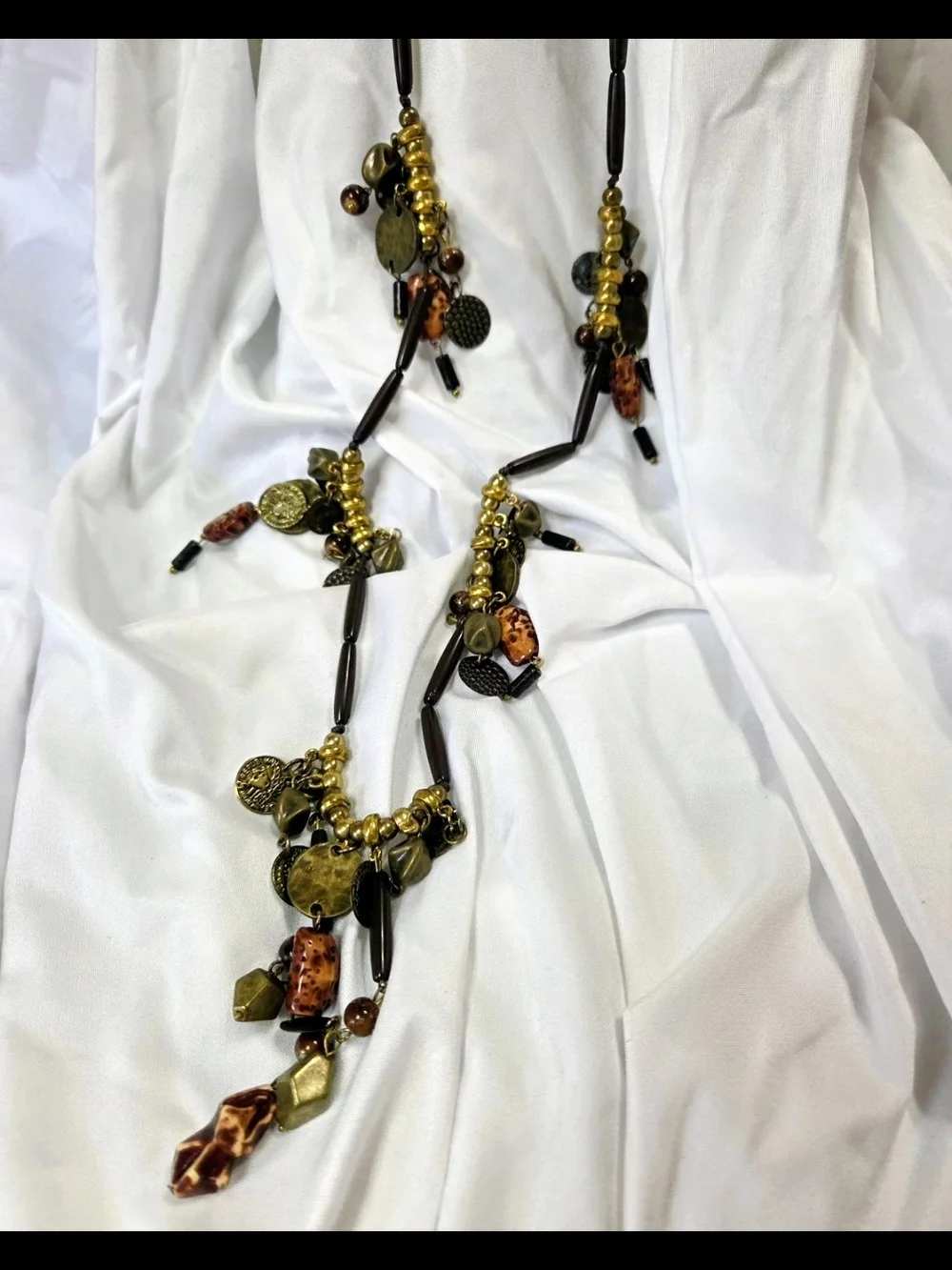 Artisan Layered Bead and Charm Necklace in Olive and Brown